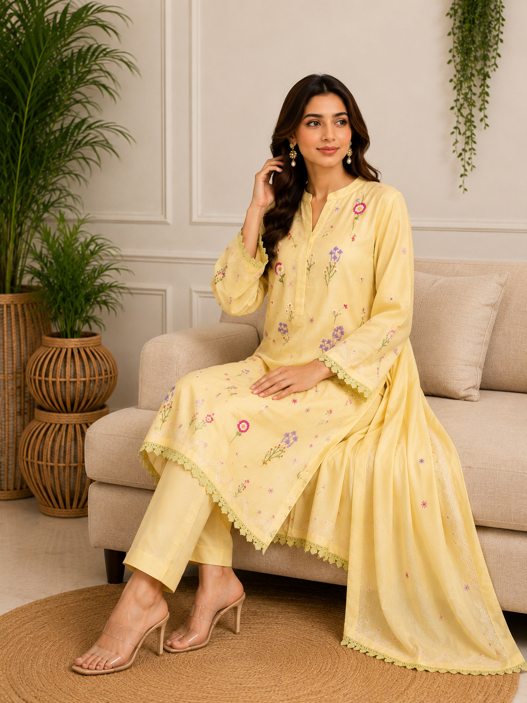 Lemon Kashmiri Booti Embroidered Suit