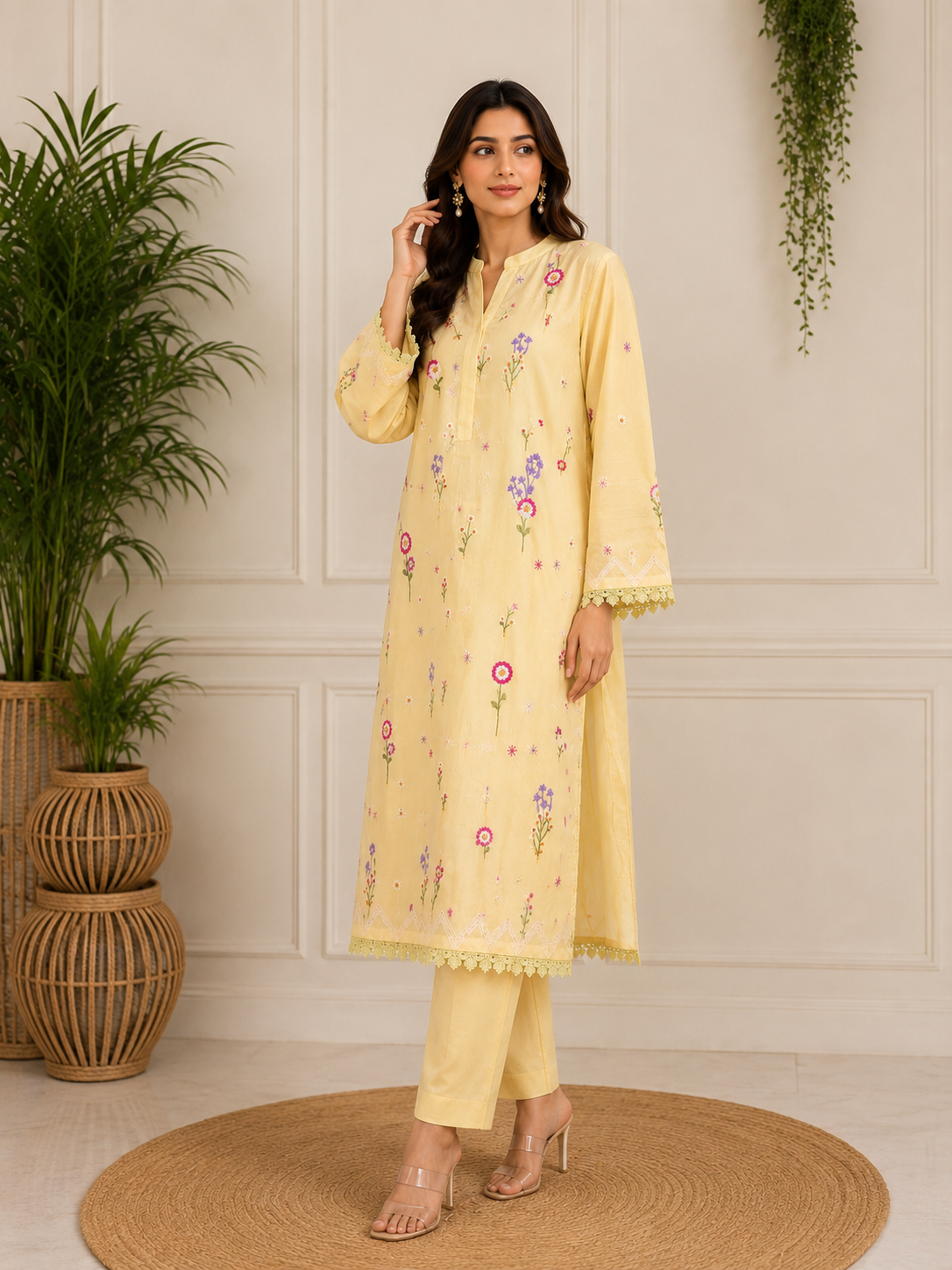 Lemon Kashmiri Booti Embroidered Suit