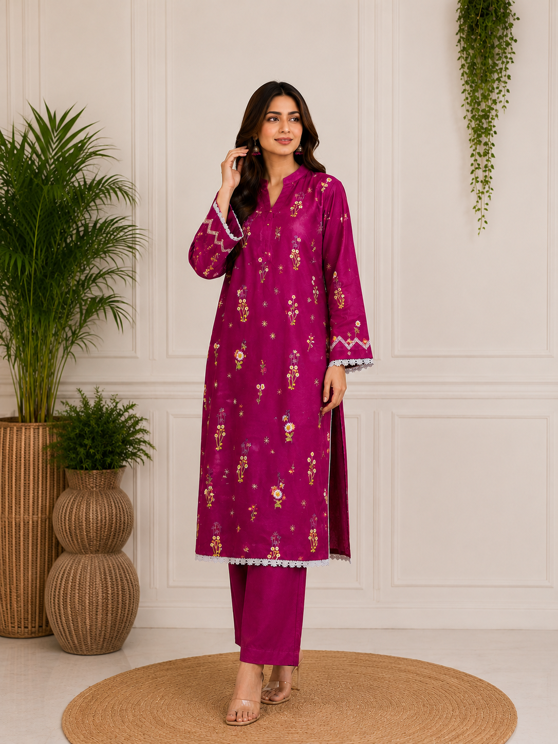 Plum Pink Kashmiri Booti Embroidered Suit