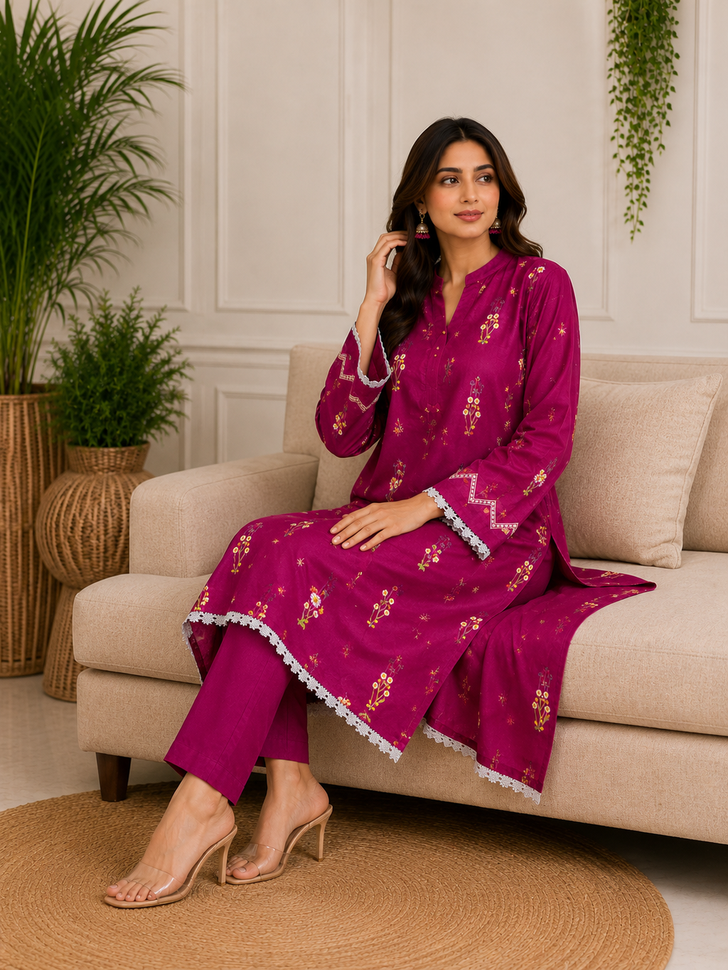 Plum Pink Kashmiri Booti Embroidered Suit