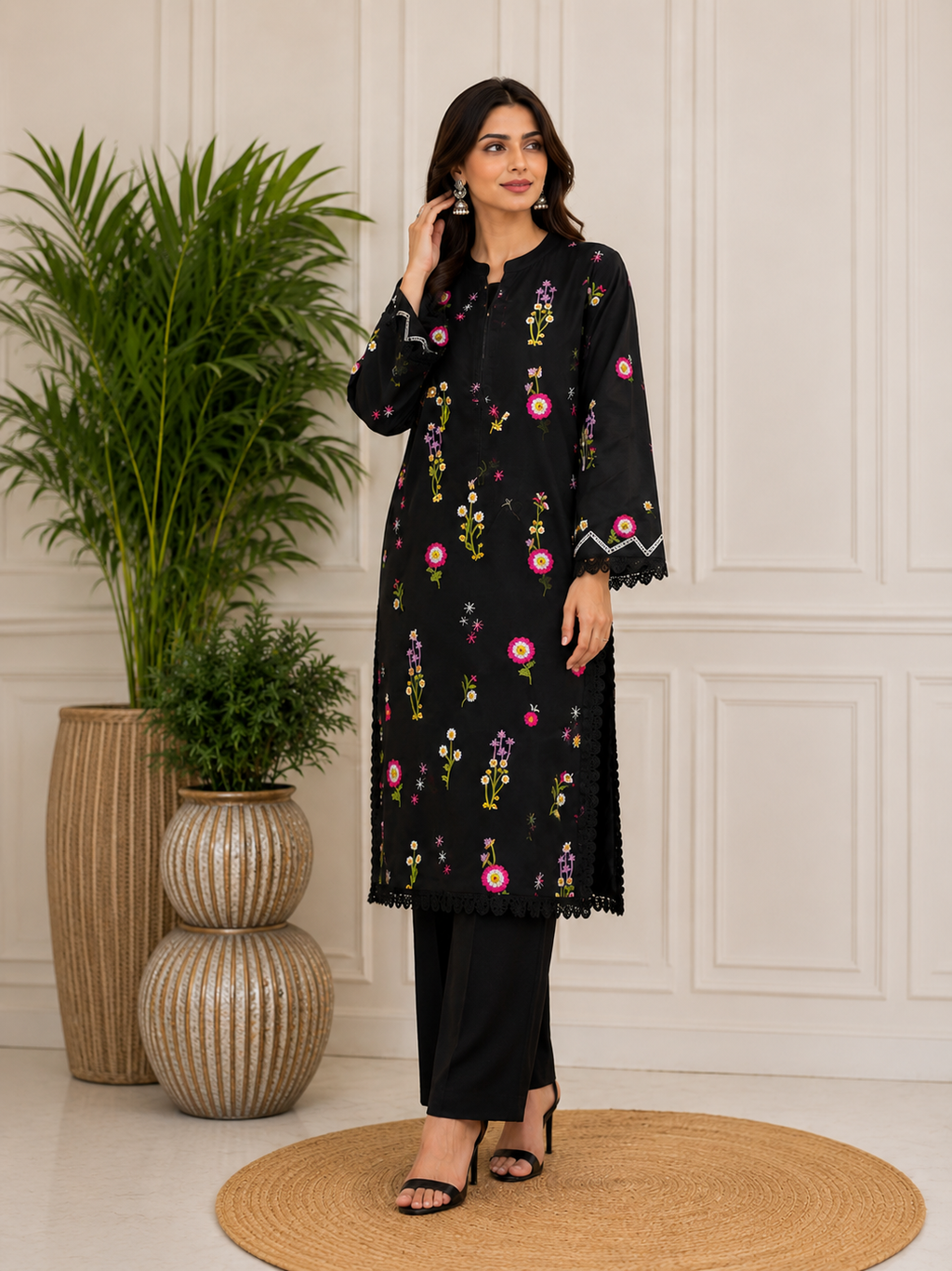 Black Kashmiri Booti Embroidered Suit