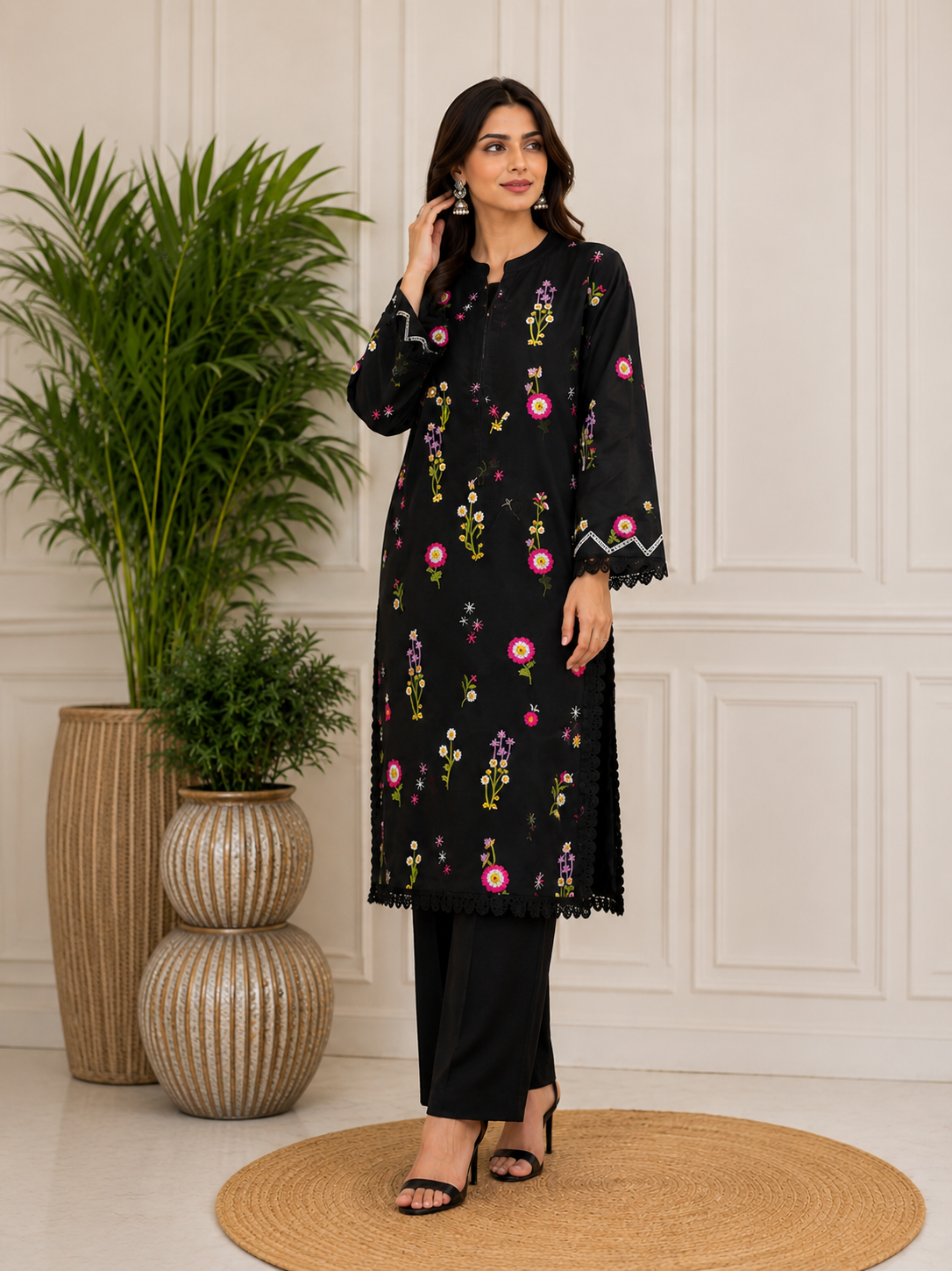 Black Kashmiri Booti Embroidered Suit