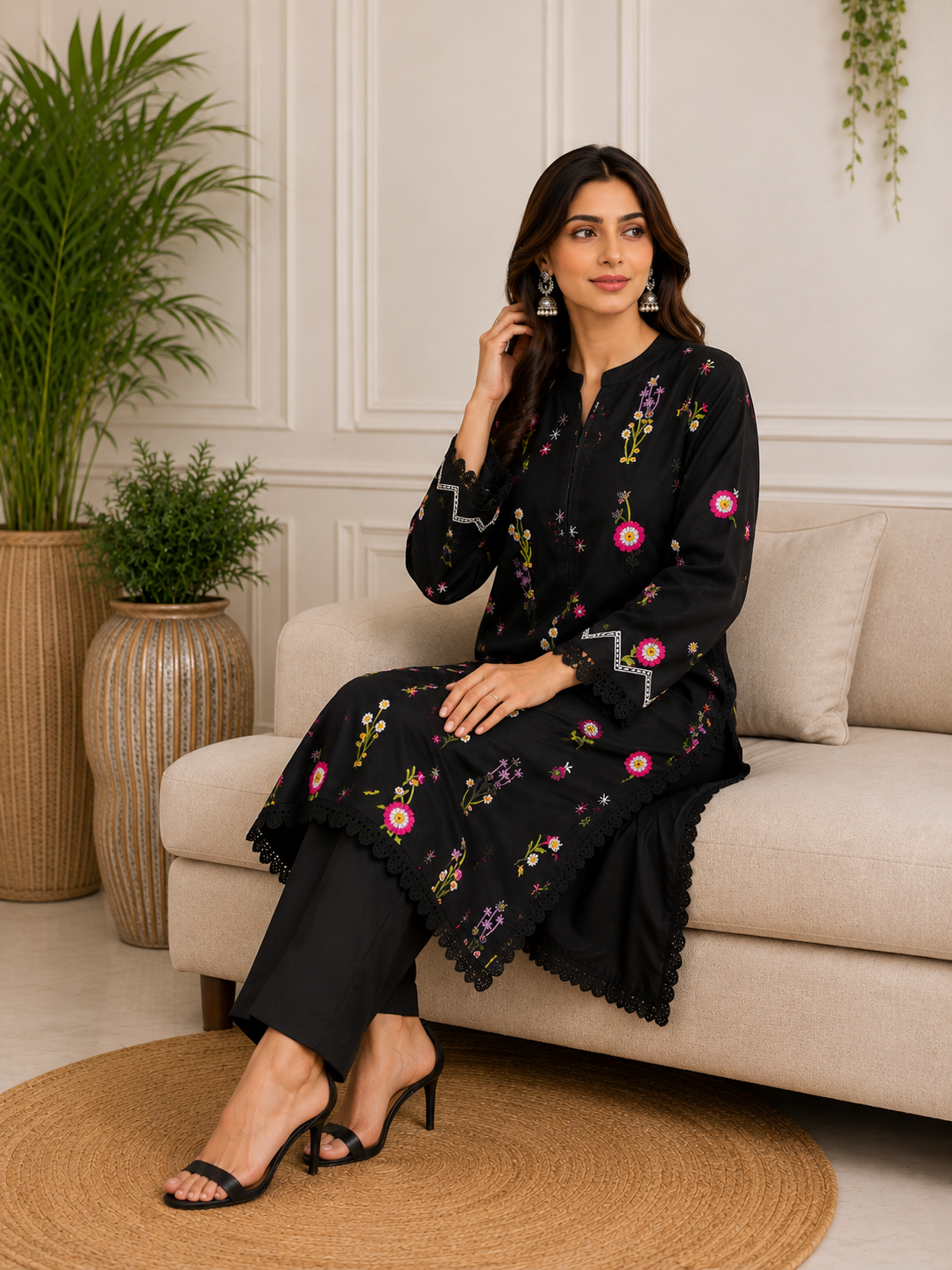 Black Kashmiri Booti Embroidered Suit