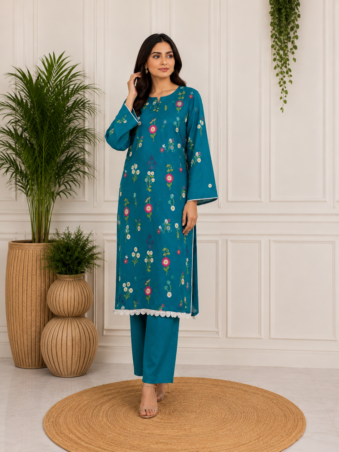 Turquoise Blue Kashmiri Booti Embroidered Suit