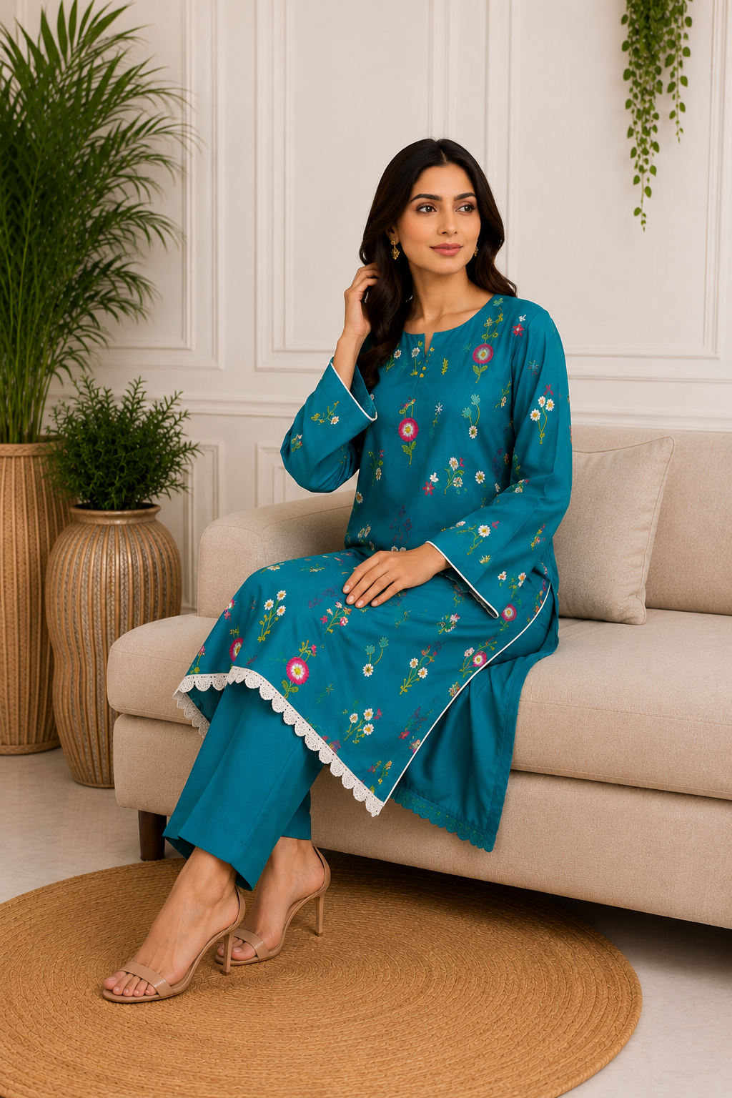 Turquoise Blue Kashmiri Booti Embroidered Suit
