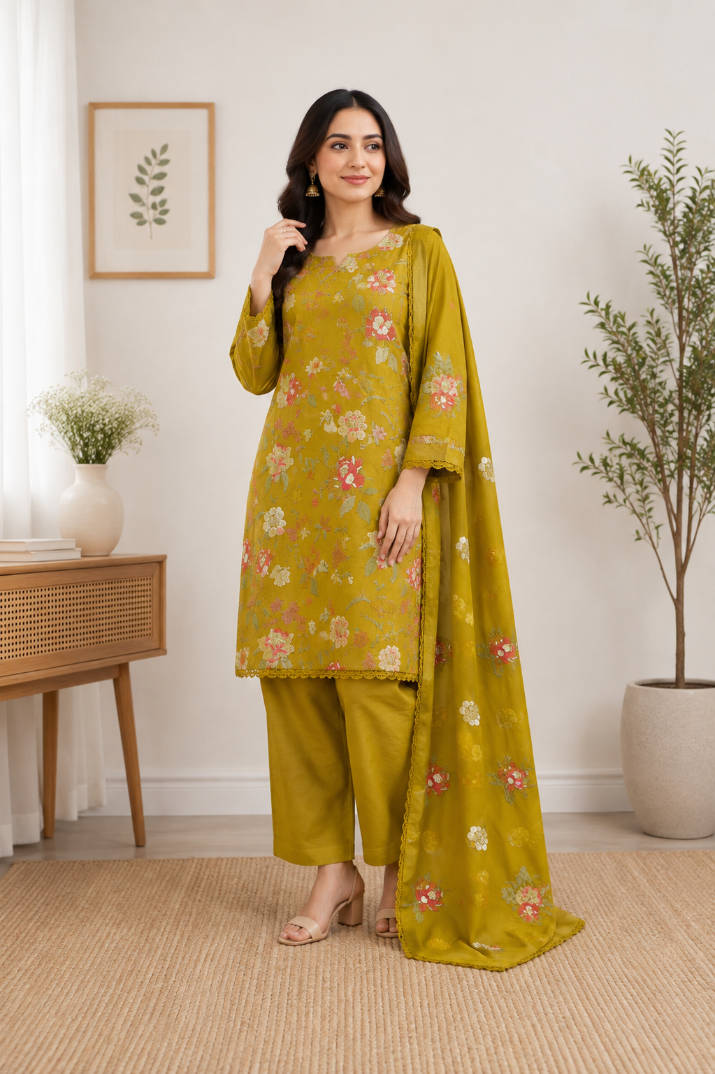 Olive Mustard Breeze Lawn Farshi 3-Piece Ready-to-Wear Suit