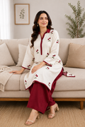 White &amp; Red Cherry Embroidered 2-Piece Ready-to-Wear Suit