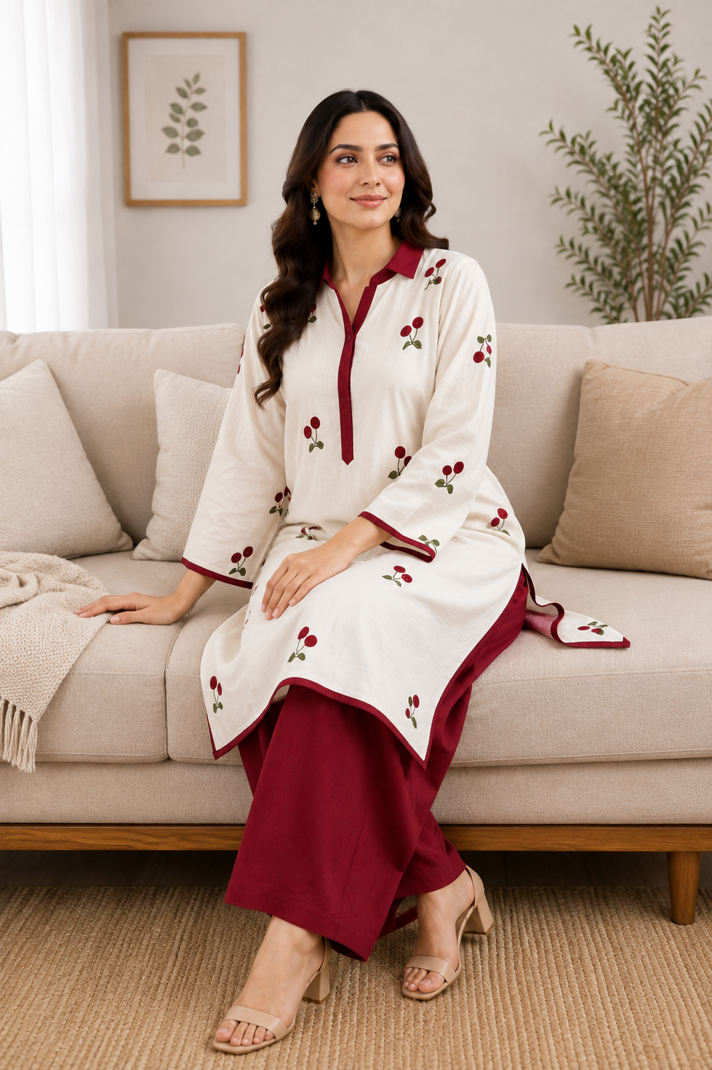White &amp; Red Cherry Embroidered 2-Piece Ready-to-Wear Suit