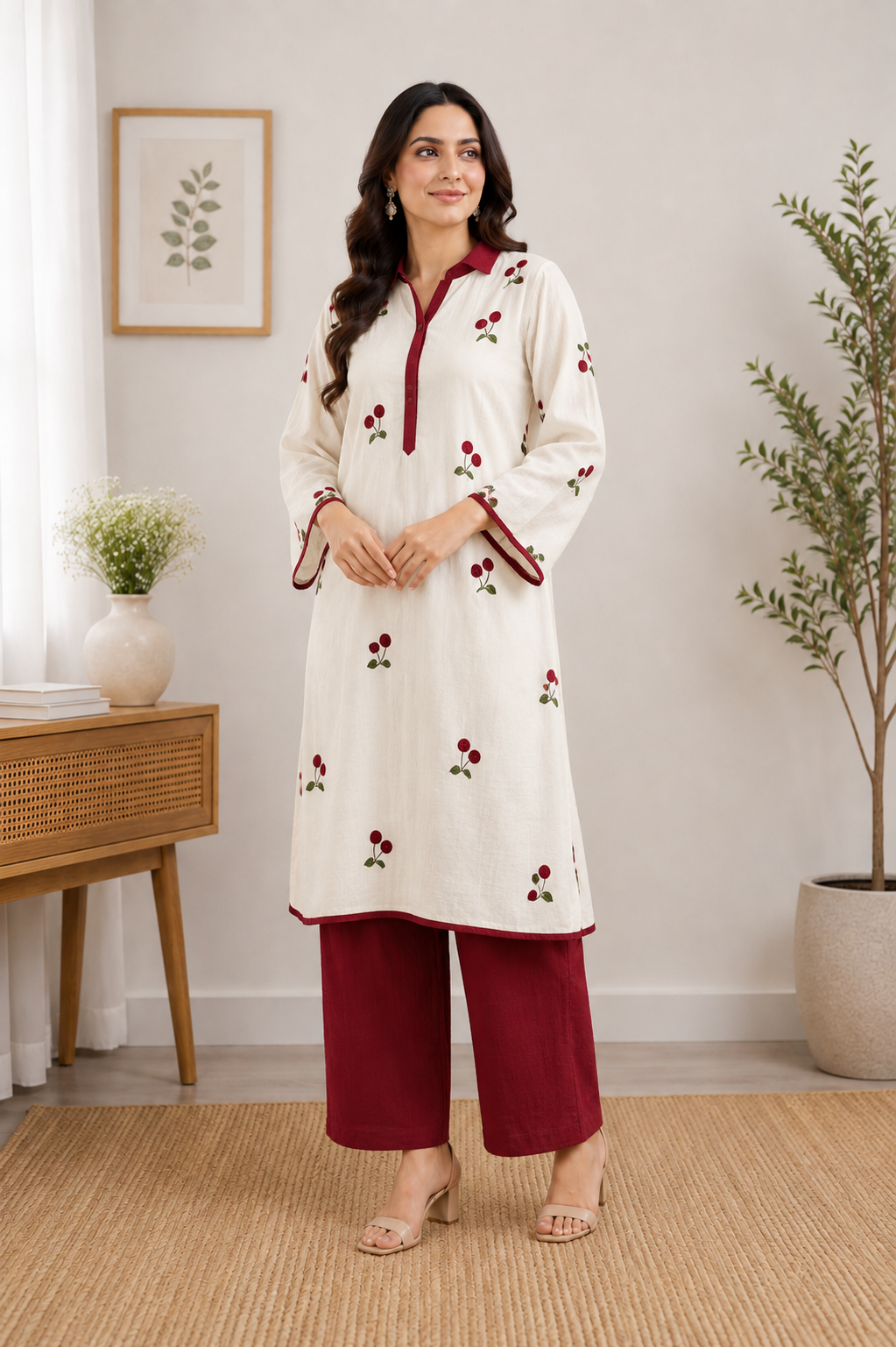 White &amp; Red Cherry Embroidered 2-Piece Ready-to-Wear Suit