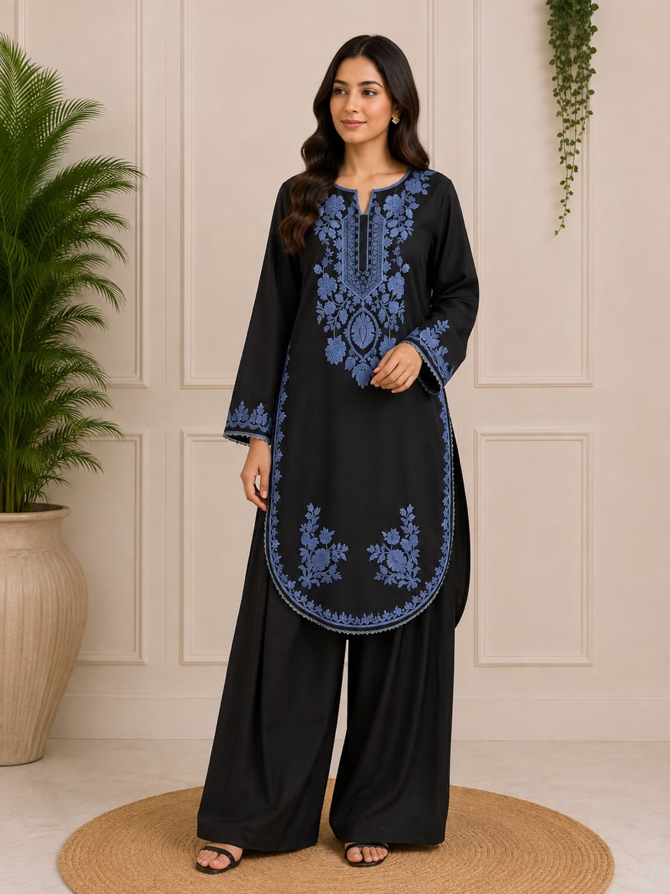 Black Embroidered Suit with Blue Detailing & Farshi Shalwar