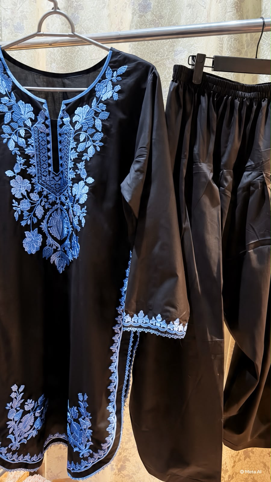 Black Embroidered Suit with Blue Detailing & Farshi Shalwar