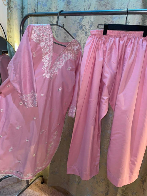 **Baby Pink Embroidered Kurta with Straight Trouser**